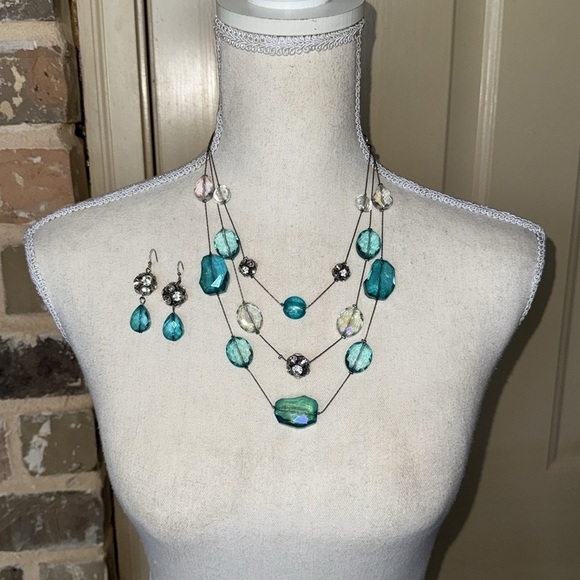 Teal & Crystal Beaded Multi-Strand Wire Necklace and Earring Set - Picture 6 of 10